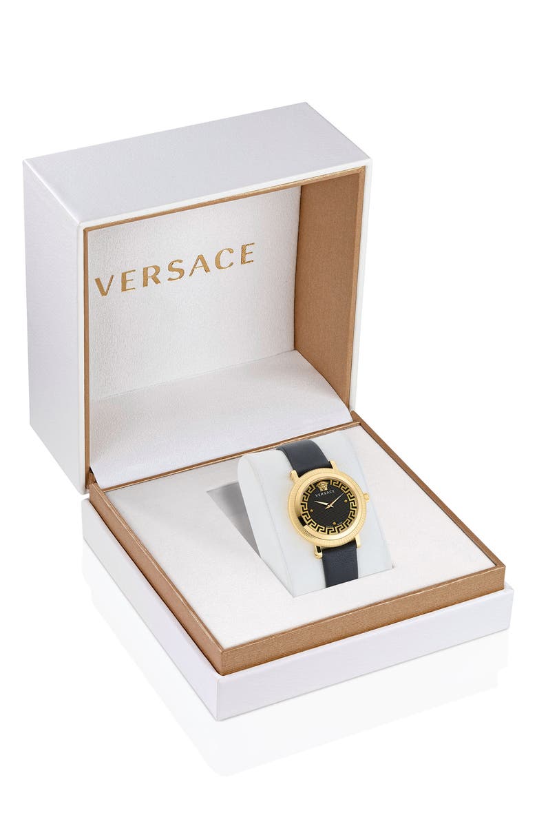 Versace Greca Flourish Leather Strap Watch, 35mm, Alternate, color,