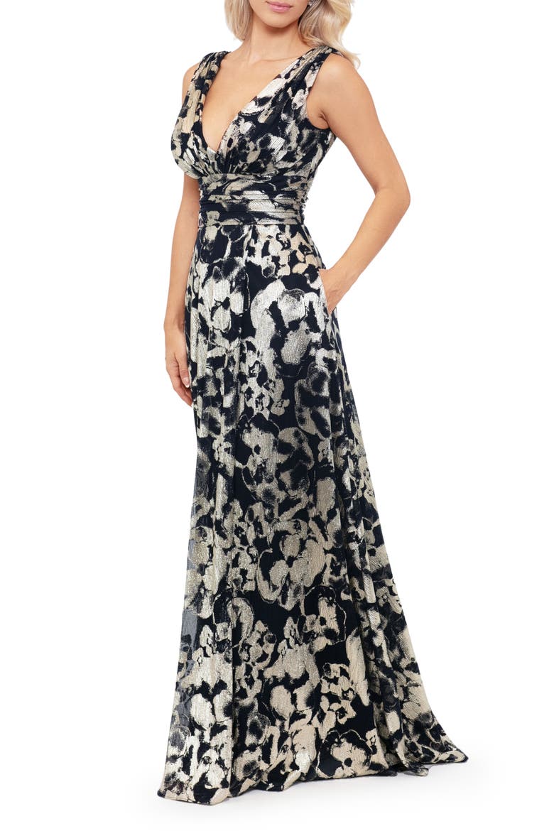 Foil Print Sleeveless Mesh Gown, Alternate, color, NAVY/GOLD