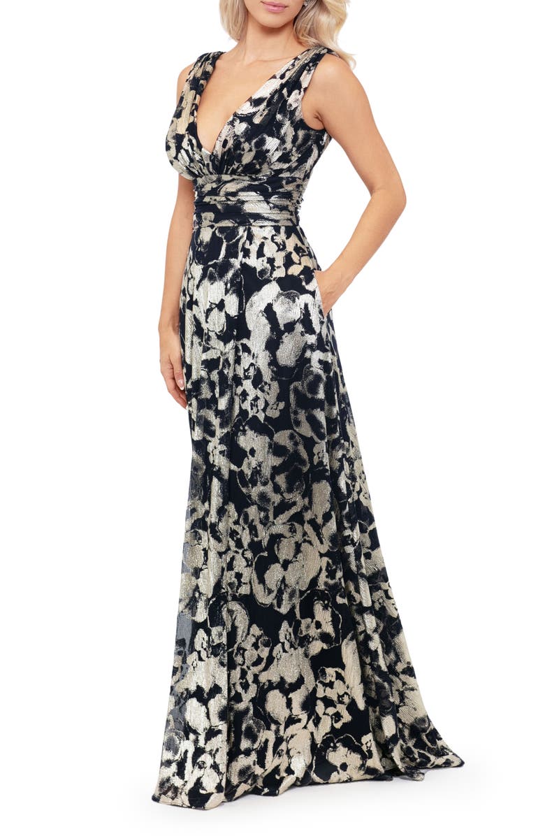 Betsy & Adam Foil Print Sleeveless Mesh Gown, Alternate, color, Navy/Gold