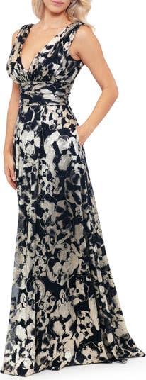 Foil Print Sleeveless Mesh Gown