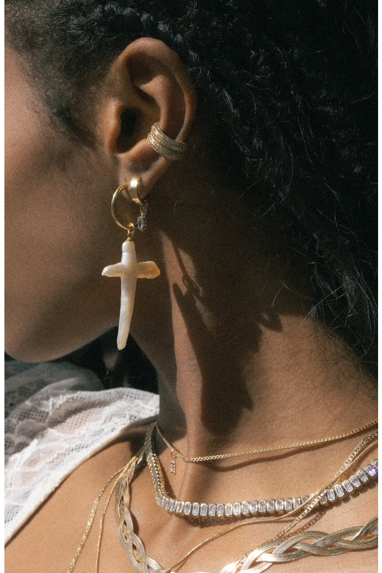 Esther Freshwater Pearl Cross Earrings, Alternate, color, GOLD