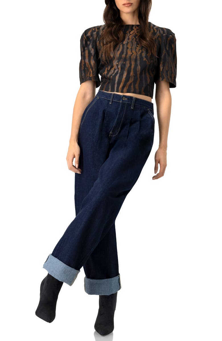 IVONNE Short Puff Sleeve Jacquard Blouse, Alternate, color, Black