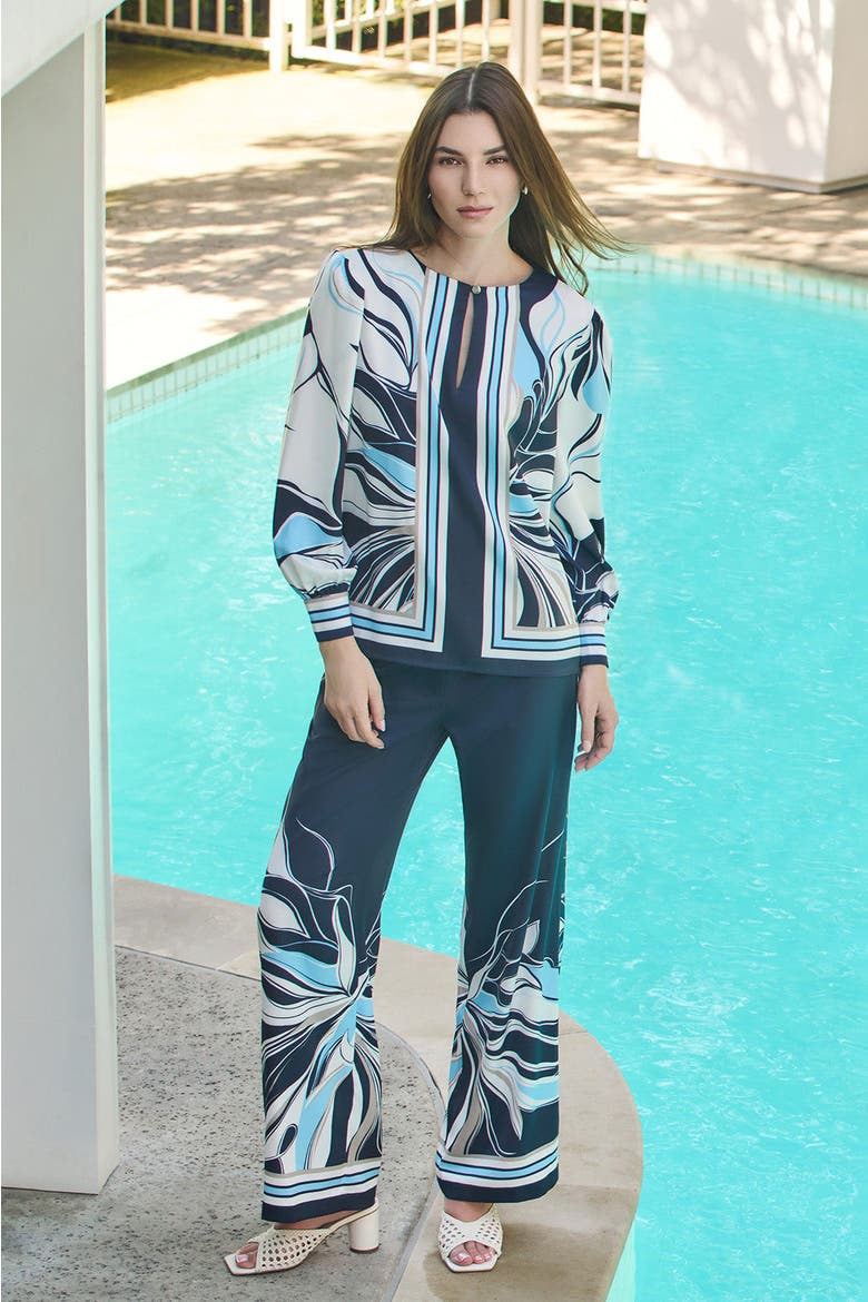 Floral Abstract Crepe de Chine Blouse, Alternate, color, Indigo/White/Serene