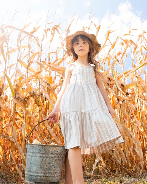 Deux Par Deux Little Girl's Sleeveless Linen Dress White And Sage Striped In White And Sage Striped