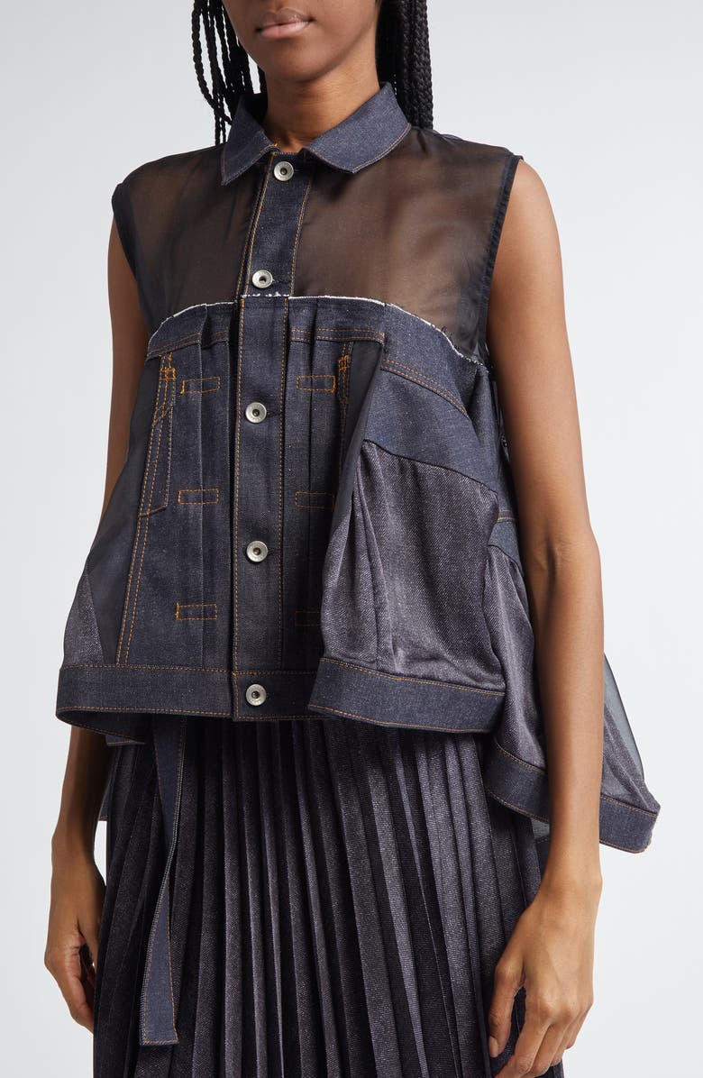 Sacai Sheer Panel Mixed Media Denim Shirt, Alternate, color,