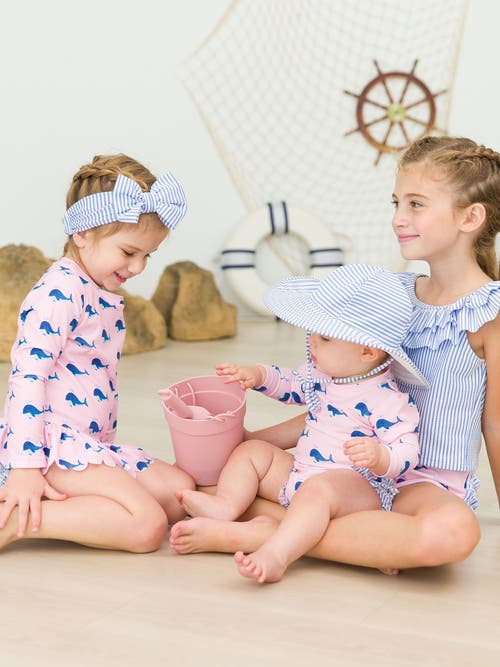 Rufflebutts Baby Girls Long Sleeve Upf50+ One Piece Rash Guard In Pink Whale Friends