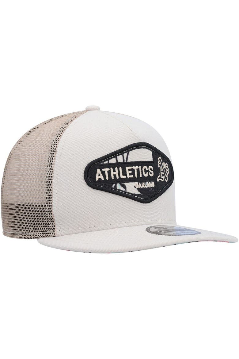 Men's New Era Natural Oakland Athletics Retro Beachin' Patch A-Frame Trucker 9FIFTY Snapback Hat, Alternate, color, Natural