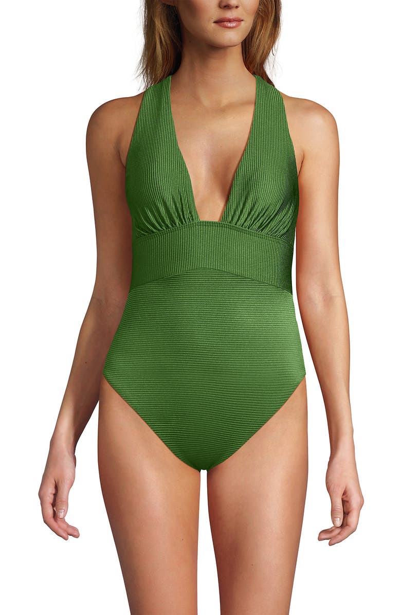 Lands' End Shine Ribbed Twist Back High Leg One Piece Swimsuit, Alternate, color, Fusion Green Shine