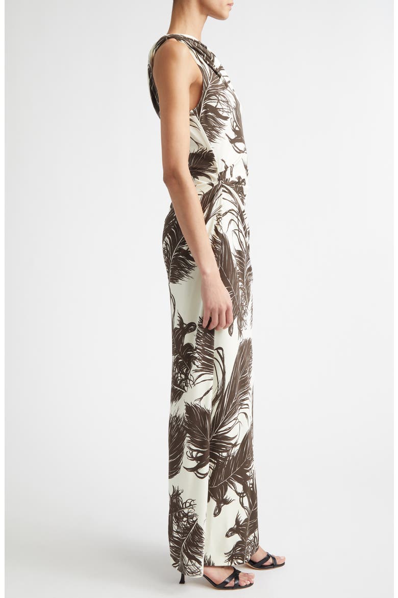 Feather Print One Shoulder Dress, Alternate, color, DARK BROWN/ ECRU