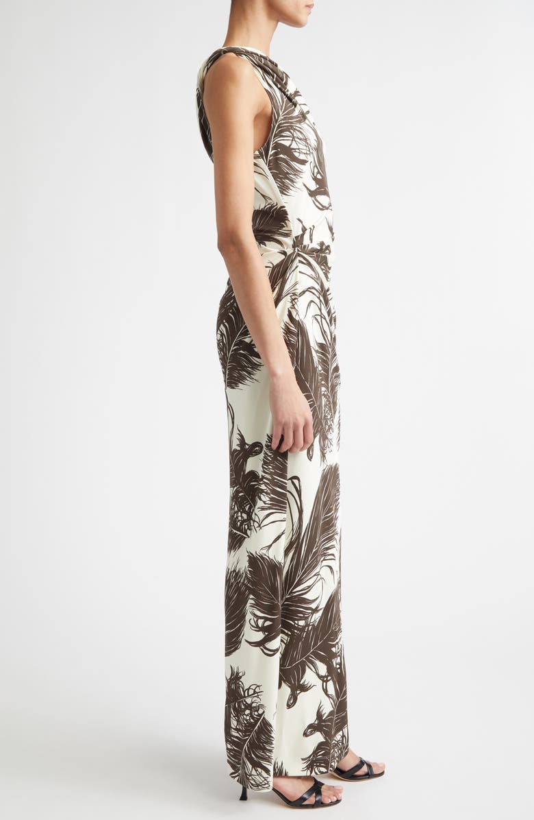 Oscar de la Renta Feather Print One Shoulder Dress, Alternate, color, Dark Brown/ Ecru