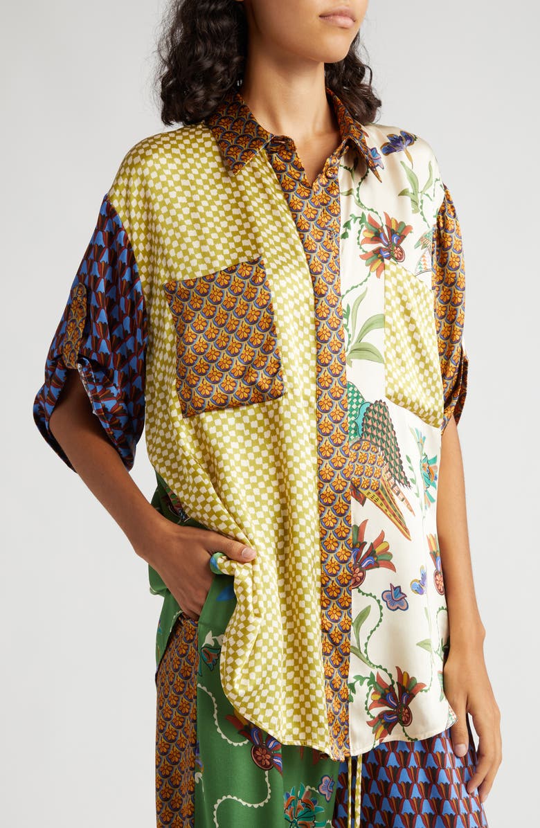 ALEMAIS Birdie Spliced Silk Button-Up Shirt, Alternate, color,