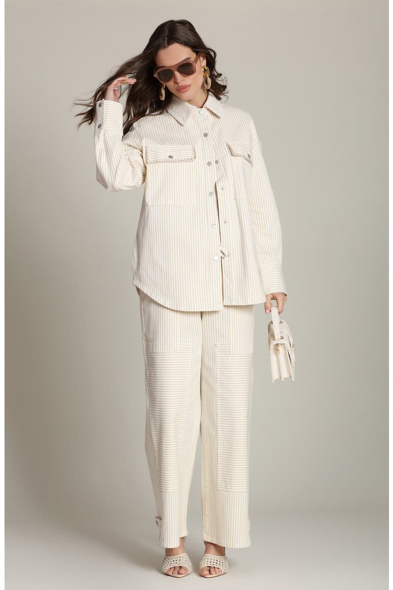 Tie Waist Patchwork Wide Leg Pants, Alternate, color, BEIGE - WHITE STRIPE