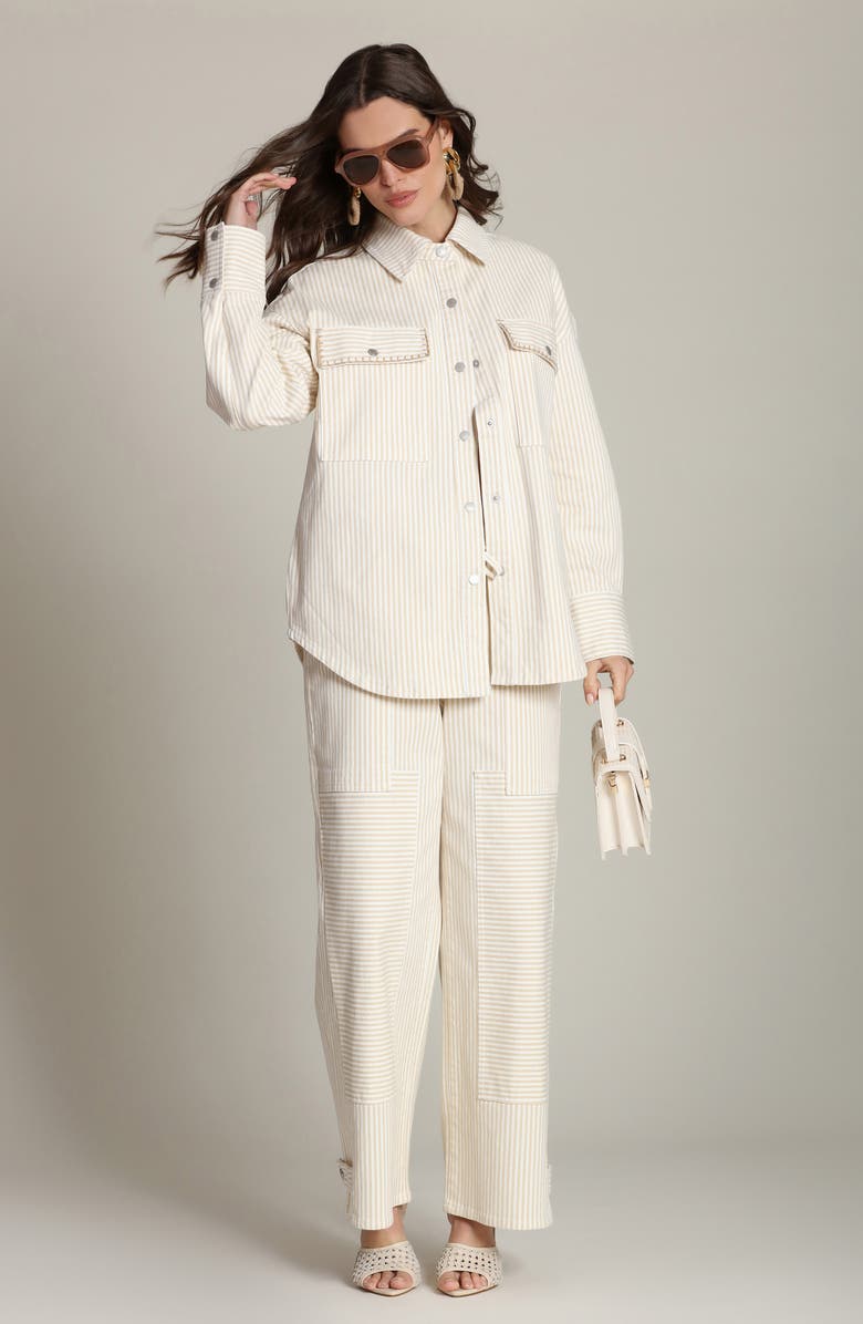 Avec Les Filles Tie Waist Patchwork Wide Leg Pants, Alternate, color, Beige - White Stripe