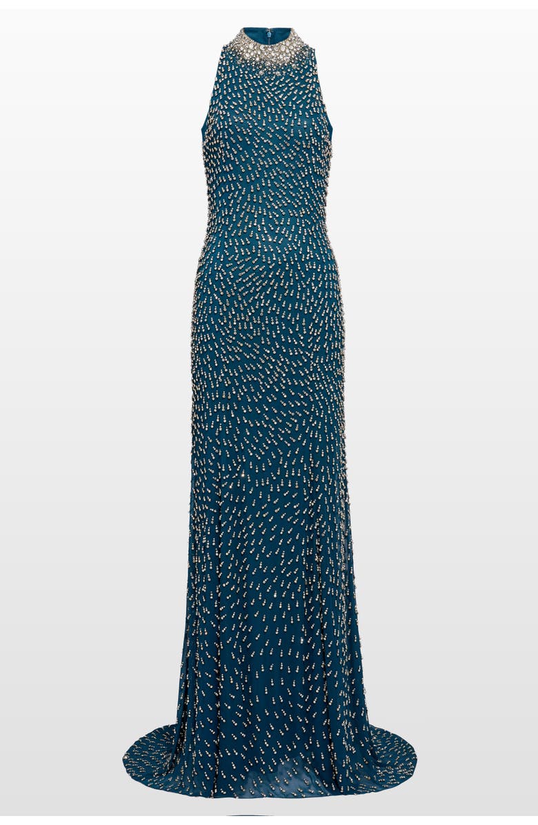 Jenny Packham Sisley High-Neck Embellished Maxi Dress, Main, color, Mosaic Blue