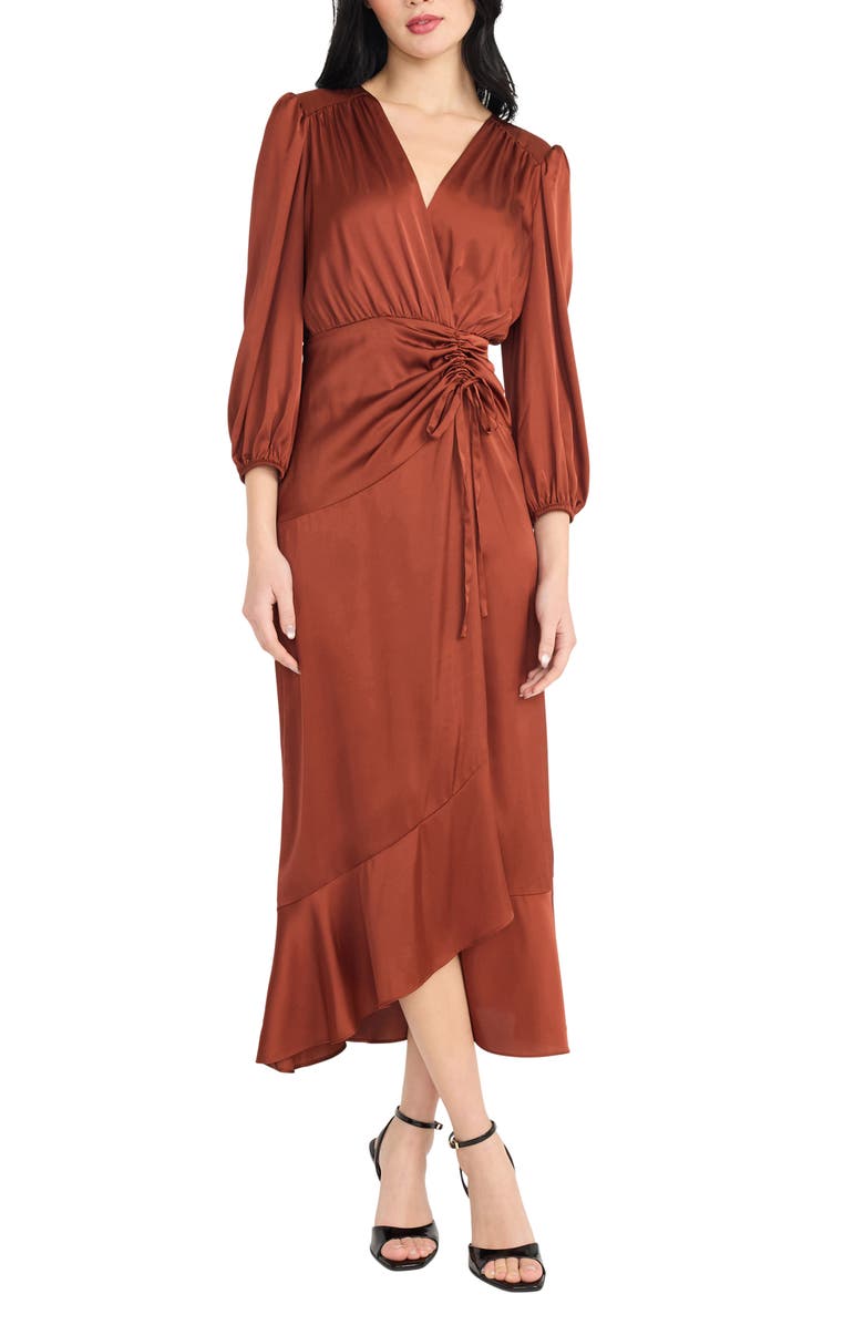 Donna Morgan Front Tie Satin Dress, Main, color, Fired Brick