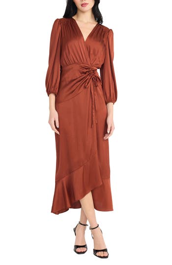 Donna Morgan For Maggy Three-quarter Sleeve Faux Wrap Midi Dress In Red