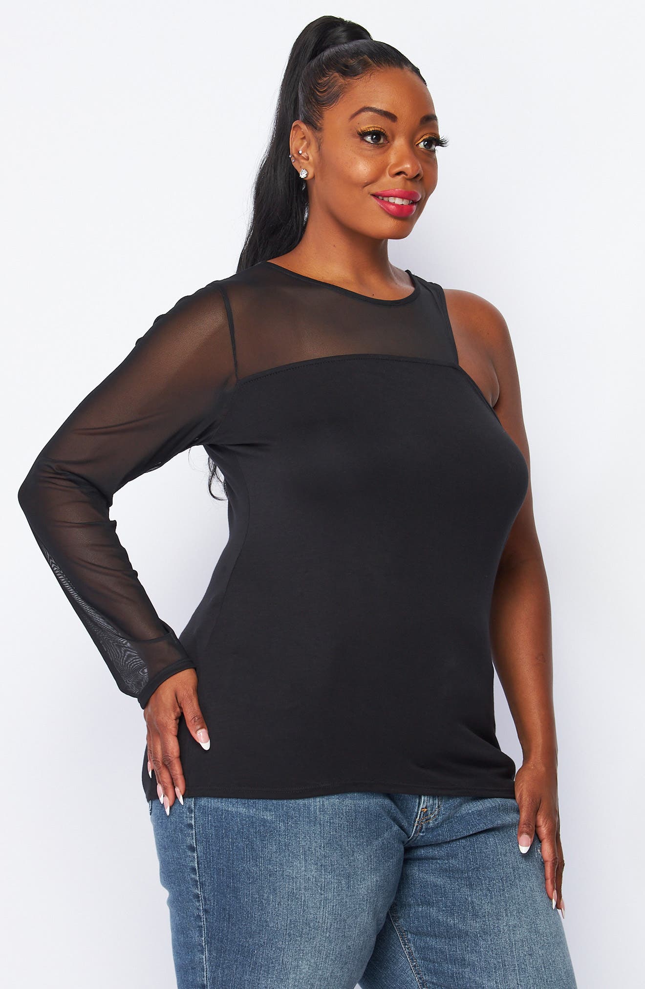 Mesh Notch One-Shoulder Mixed Media Top - image 2