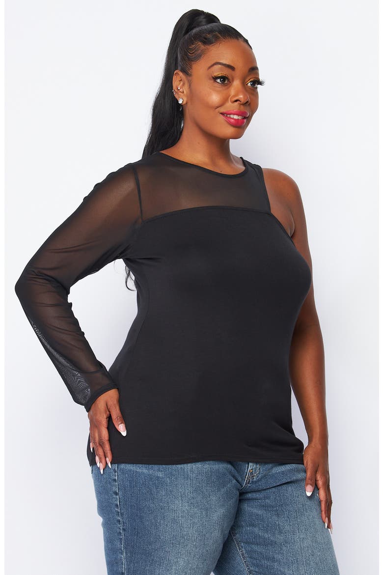 Mesh Notch One-Shoulder Mixed Media Top, Alternate, color, BLACK -