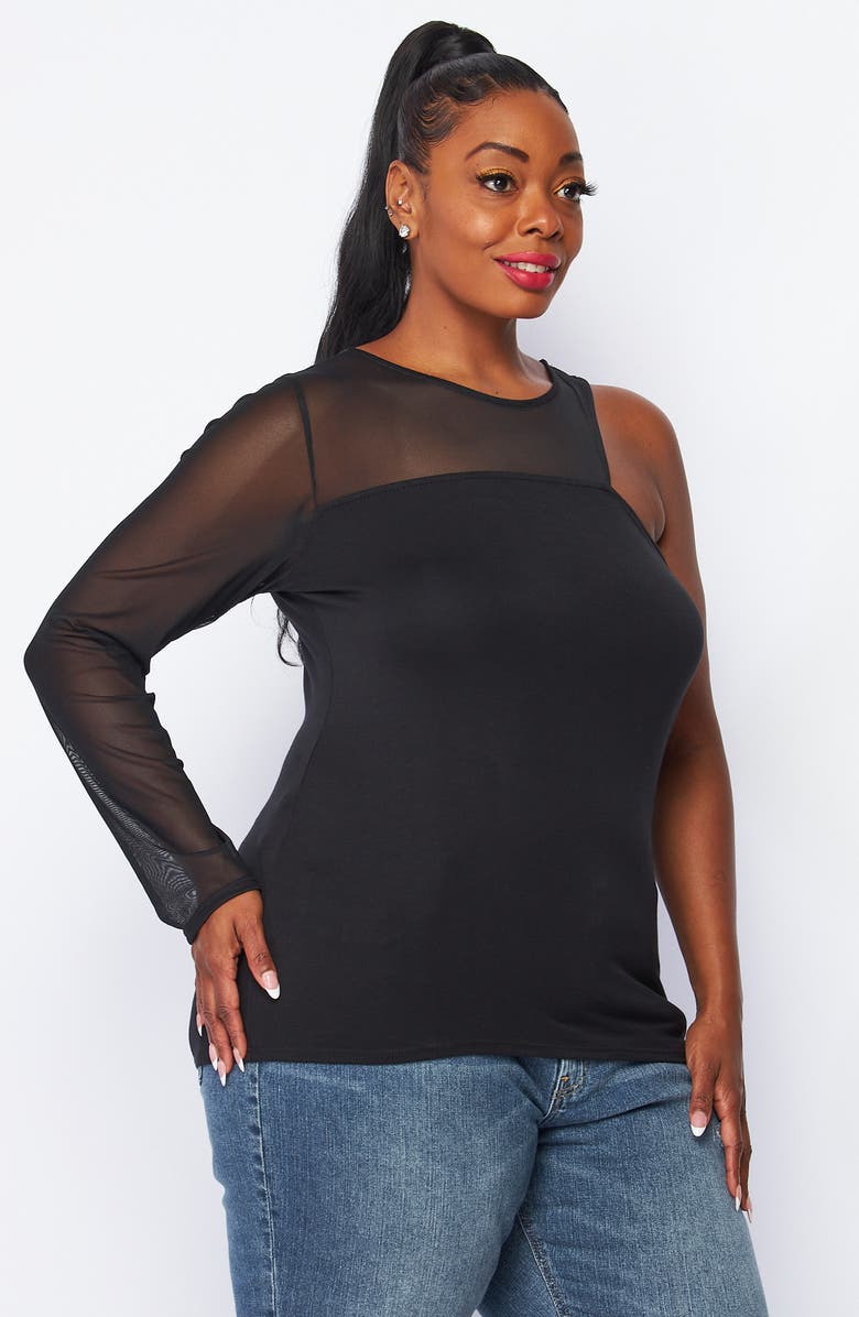 BLUEGREY Mesh Notch One-Shoulder Mixed Media Top, Alternate, color, 