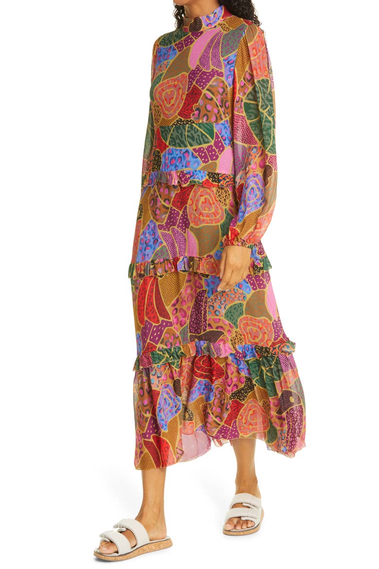 Hidden Animals Mock Neck Long Sleeve Tiered Dress, Alternate, color, HIDDEN ANIMALS