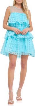 English Factory Grid Pattern Tiered Organza Minidress