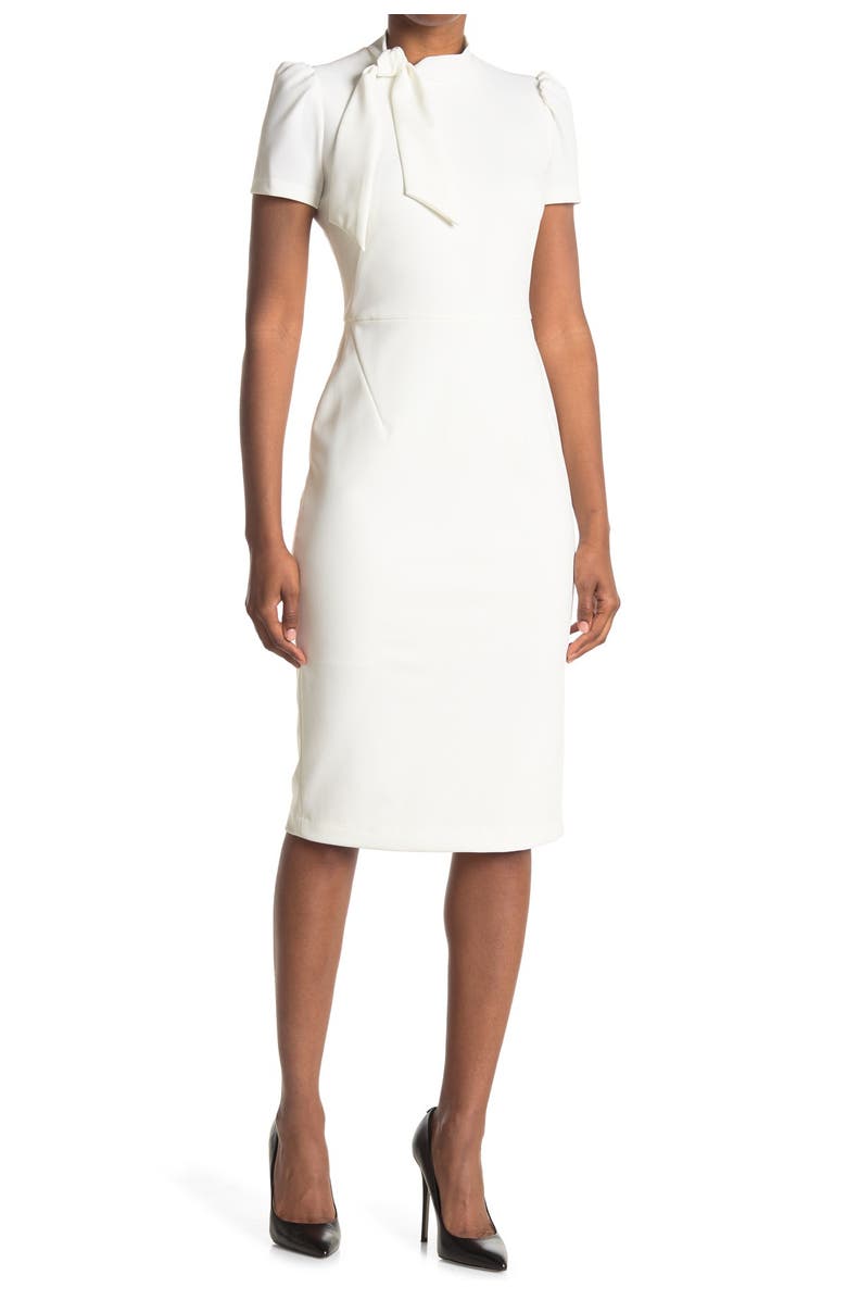 Maggy London Tie Neck Short Sleeve Crepe Sheath Dress, Main, color, 