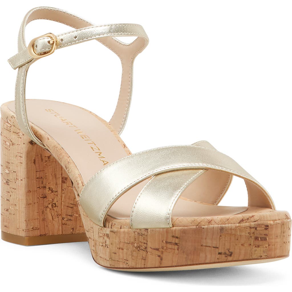 Stuart Weitzman Dayna Metallic Cork Crisscross Platform Sandals In Light Gold