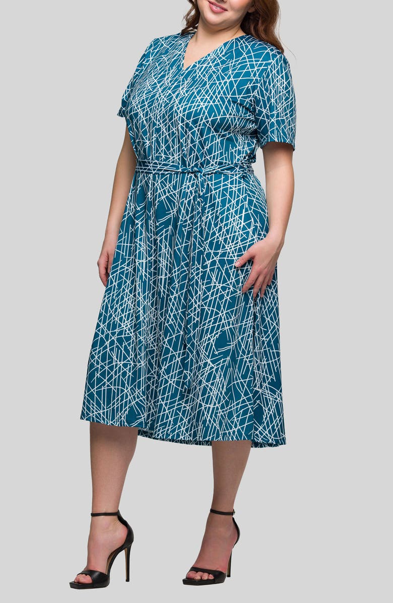 24seven Comfort Apparel Abstract Print Tie Waist Knit Midi Dress, Alternate, color, Blue Multi