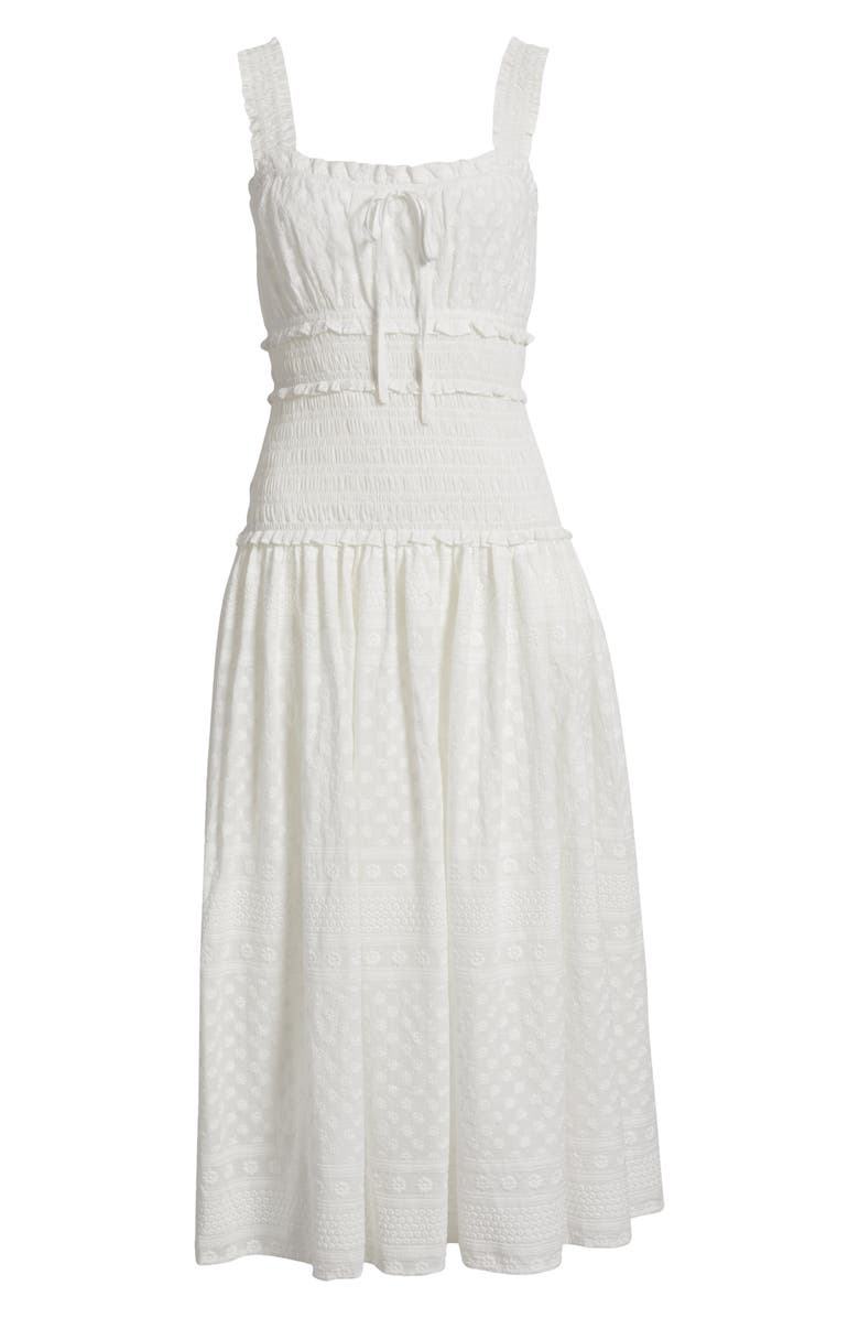 MOON RIVER Embroidered Smocked Cotton Midi Dress, Alternate, color, White