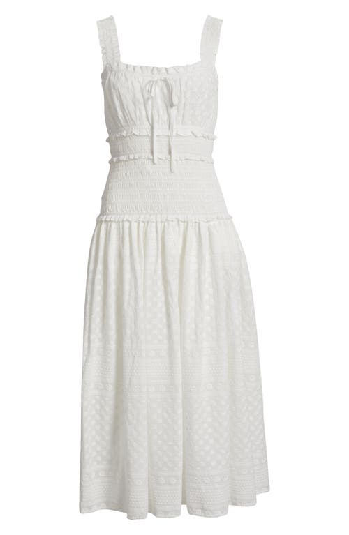 Moon River Embroidered Smocked Cotton Midi Dress In White