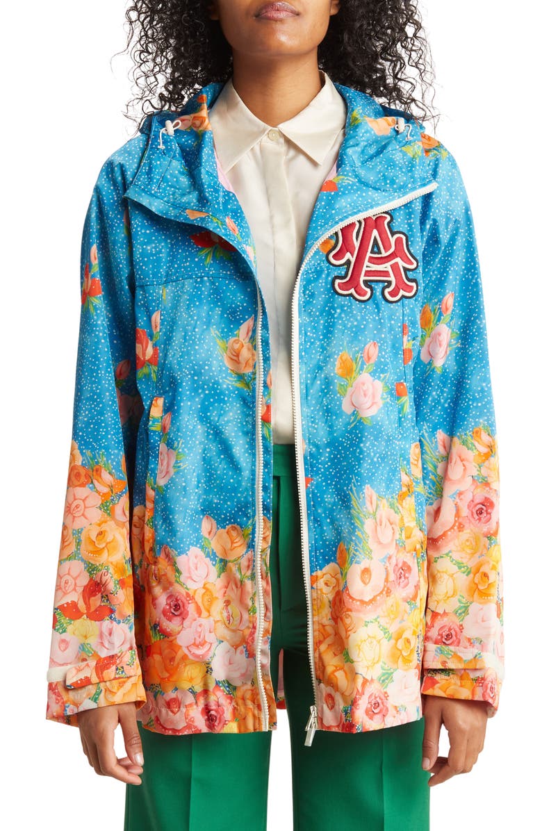 Gucci Manga Floral Print Windbreaker, Main, color, Turquoise