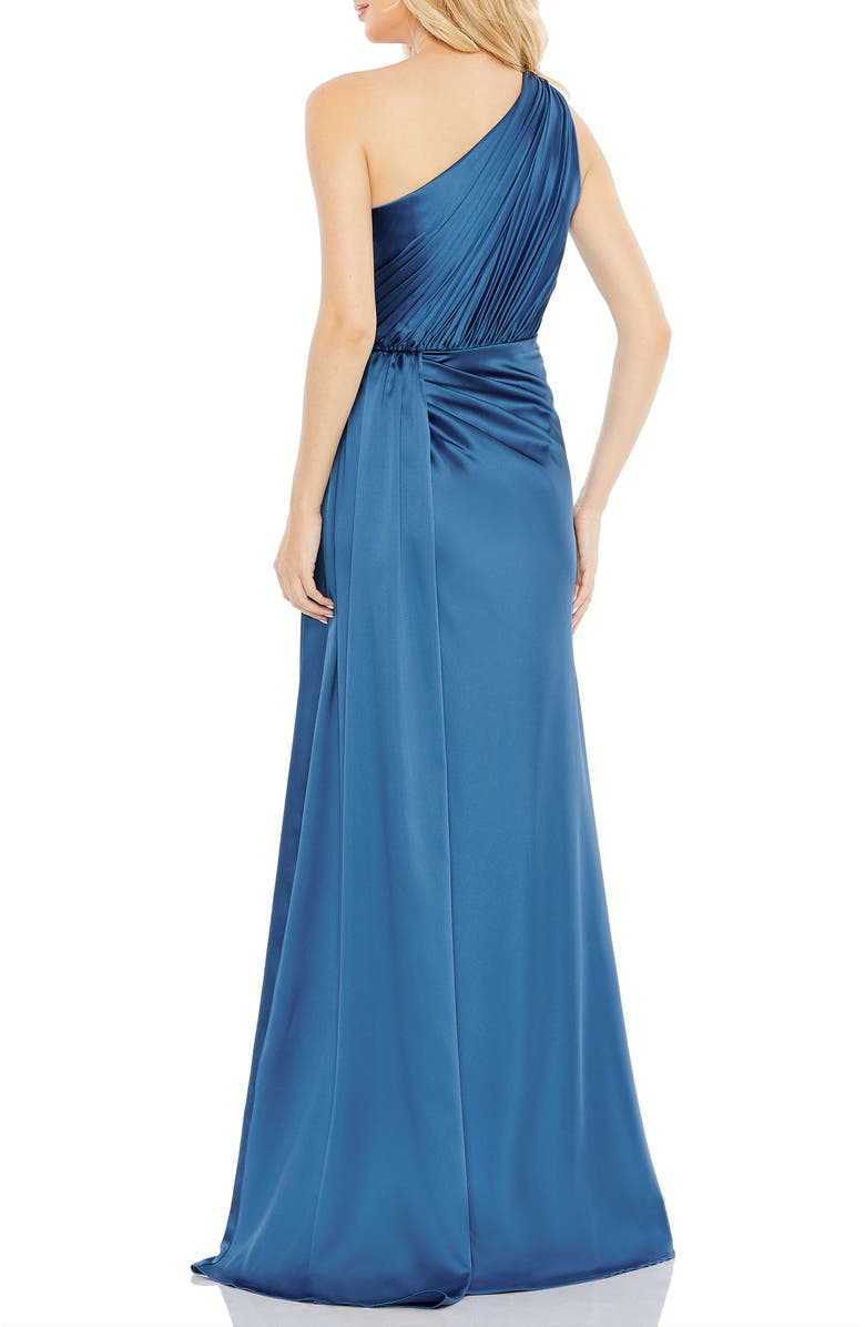 Mac Duggal Gathered One Shoulder Satin Faux Wrap Gown, Alternate, color, Ocean Blue