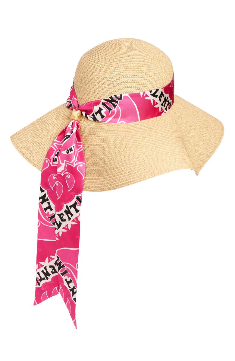 Valentino Garavani Roman Stud Silk Scarf Straw Floppy Hat, Alternate, color, 