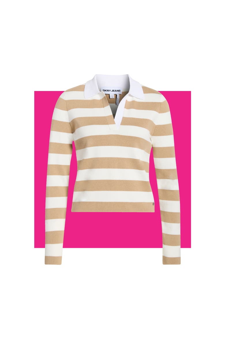 Striped Long Sleeve Polo Sweater, Main, color, TRAVERTINE/IVORY