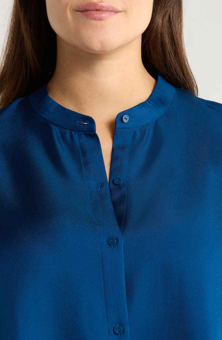 Eileen Fisher Mandarin Collar Silk Button-Up Shirt, Alternate, color, Atlantis