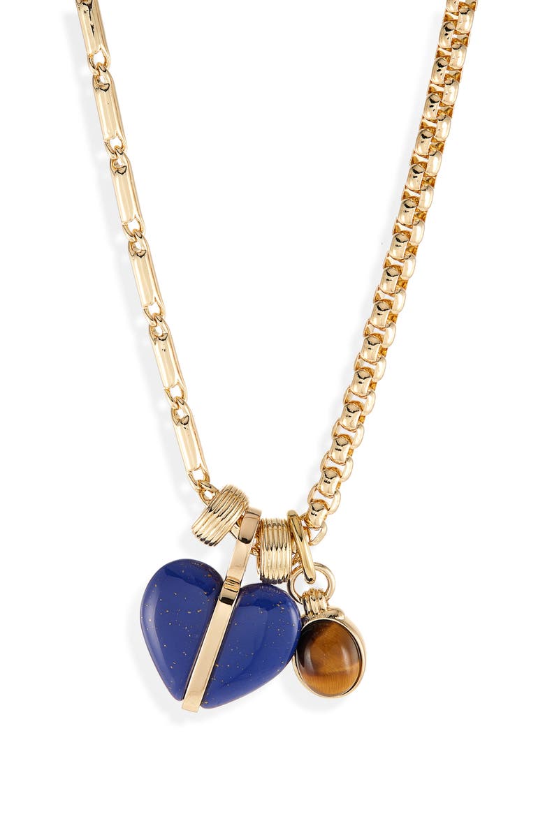 ROXANNE ASSOULIN Semi Heart Charm Cable Necklace, Main, color, Gold/ Lapis/ Tigers Eye