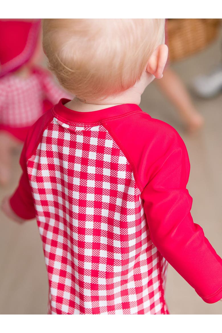 Boys Long Sleeve One Piece Rash Guard, Alternate, color, Vintage Red Gingham