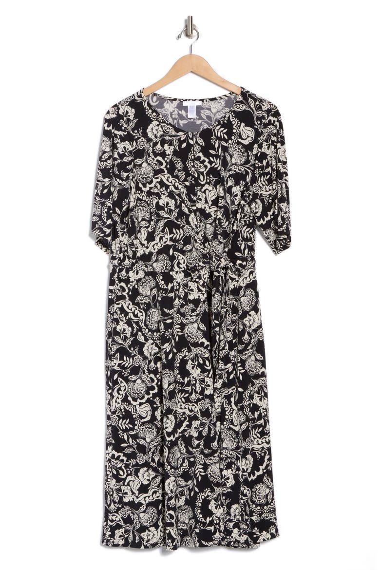 Floral Elbow Sleeve Side Tie Fit & Flare Midi Dress, Alternate, color, BLACK/ CREAM