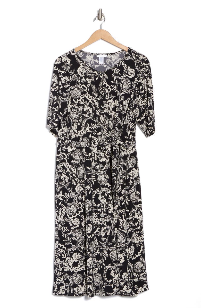 London Times Floral Elbow Sleeve Side Tie Fit & Flare Midi Dress, Main, color, Black/ Cream