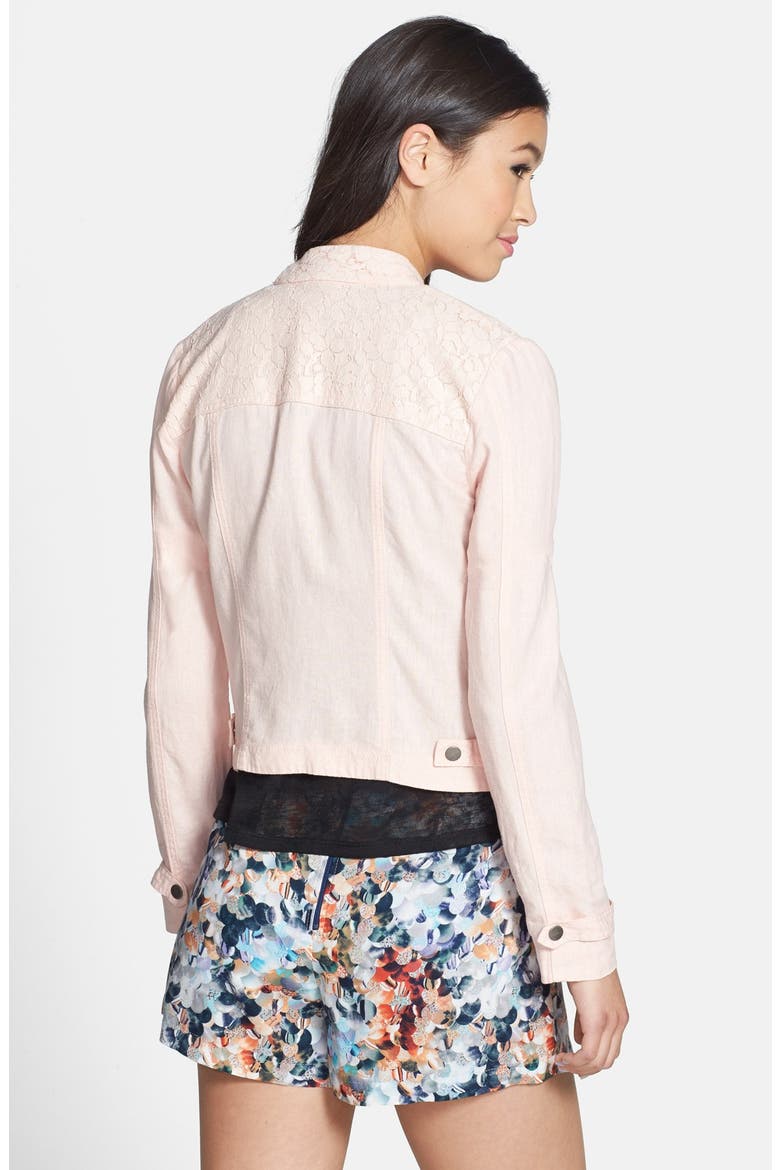 Crochet Yoke Moto Jacket, Alternate, color, SOFT PINK