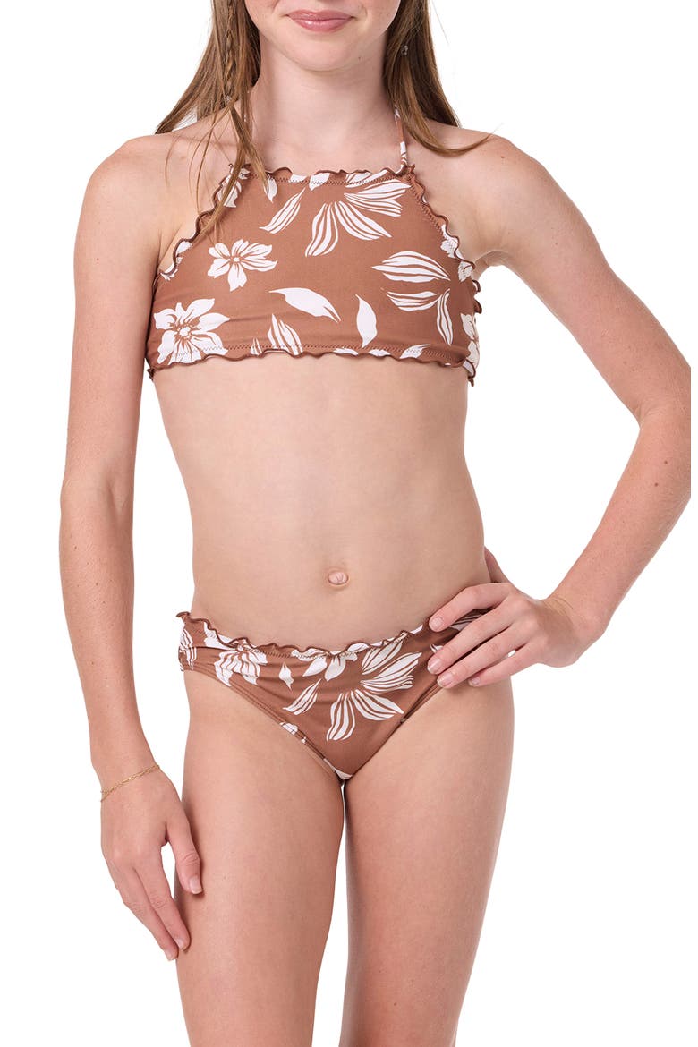 Kids' Nomad Floral Ruffle Two-Piece Swimsuit, Main, color, CAROB BROWN