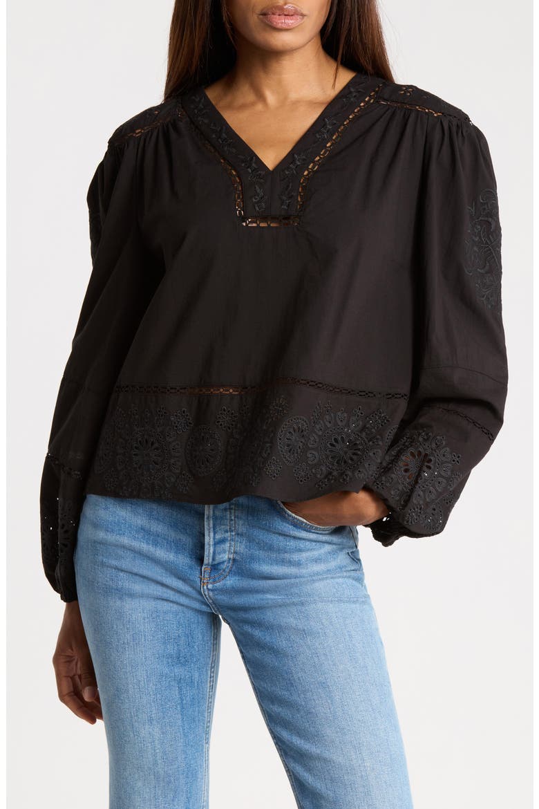 Embroidered Blouson Sleeve Top, Main, color, BLACK