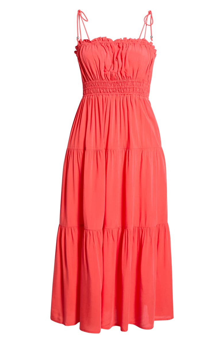 Elan Ruffle Shirred Tie Strap Tiered Cover-Up Sundress, Main, color, Red