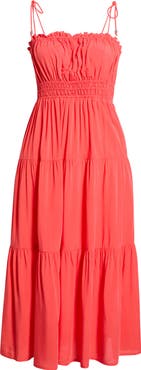 Elan Ruffle Shirred Tie Strap Tiered Cover-Up Sundress