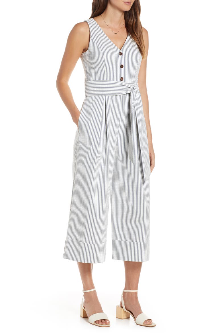 Crop Seersucker Jumpsuit, Main, color, BLUE