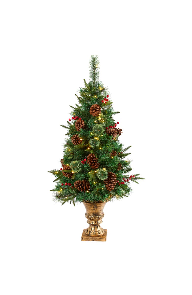 NEARLY NATURAL 4-ft Pine, Pinecone and Berries Artificial Christmas Tree in Decorative Urn, Main, color, Green