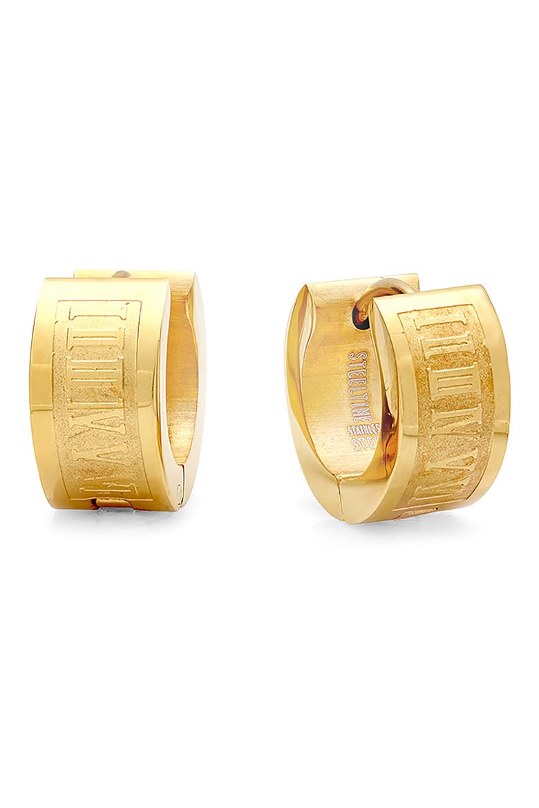 18K Yellow Gold Plated Stainless Steel Roman Numeral Stamped 13mm Huggie Hoop Earrings, Main, color, YELLOW