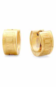 18K Yellow Gold Plated Stainless Steel Roman Numeral Stamped 13mm Huggie Hoop Earrings