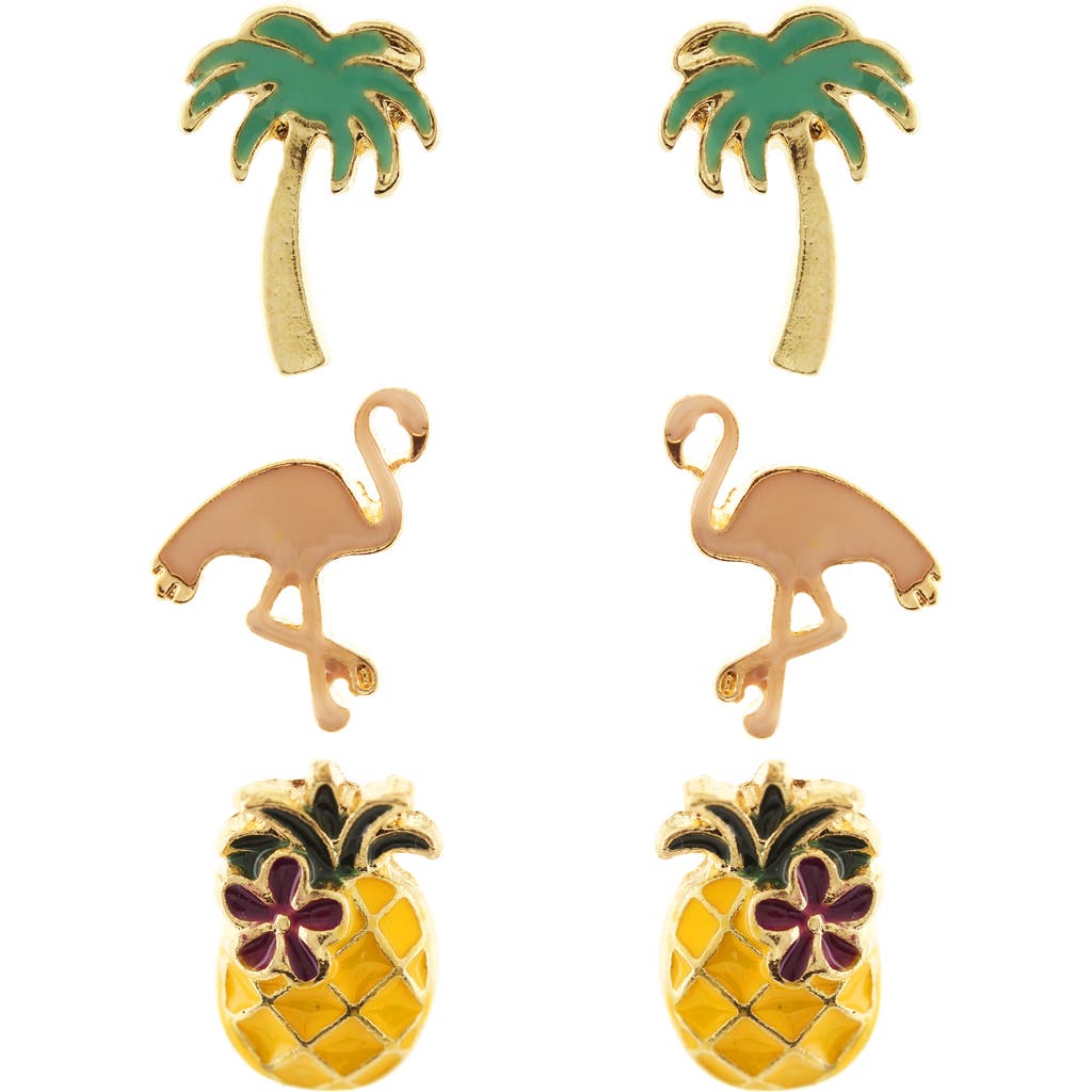 Olivia Welles Set Of 3 Tropical Vacation Stud Earrings In Gold/multi