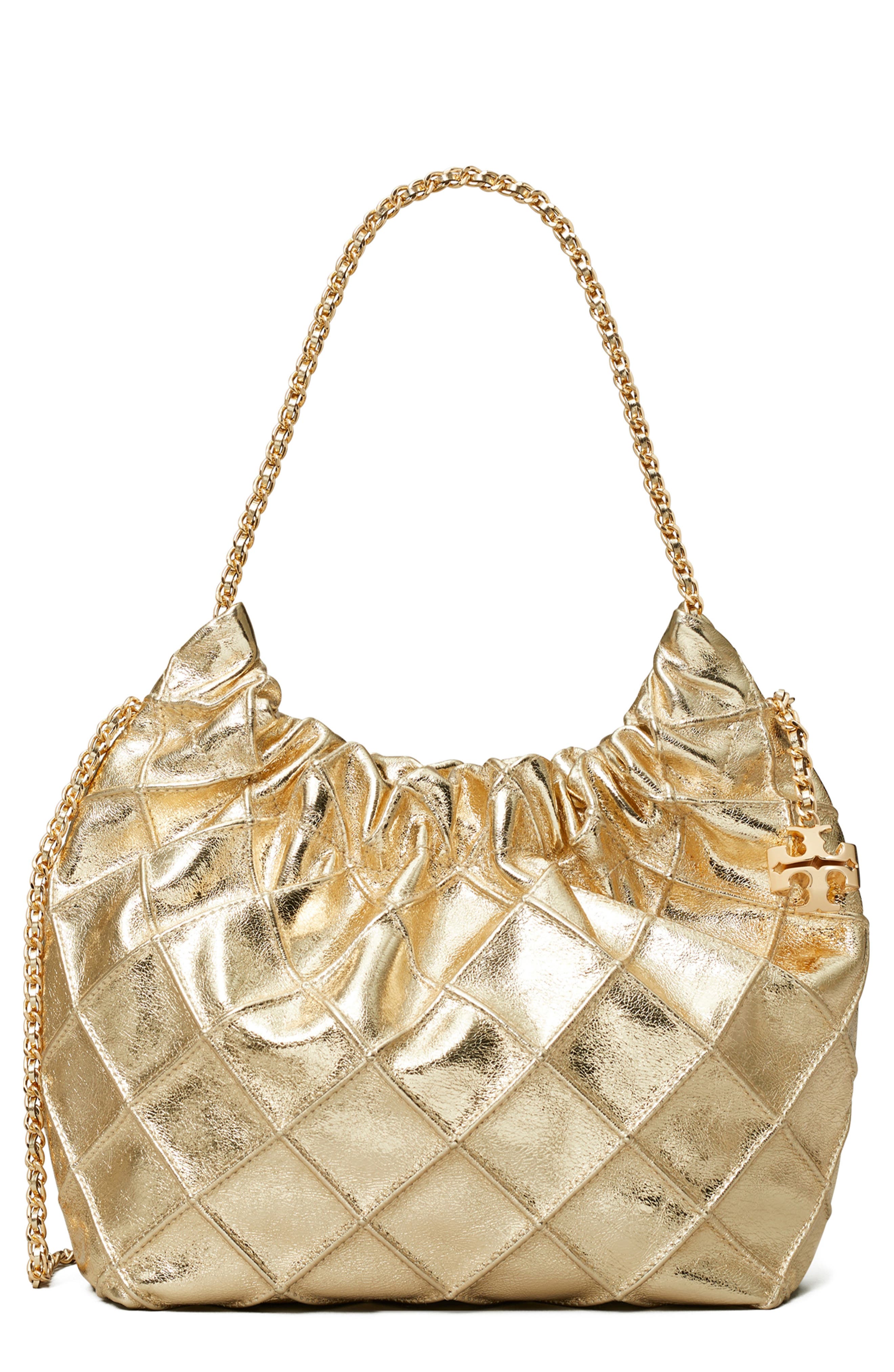Tory Burch Mini Fleming Metallic Leather Hobo Bag, Main, color, Gold
